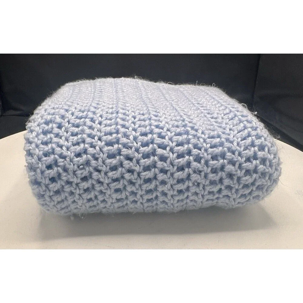 Hand Crocheted Baby Blanket Light Blue Afghan Throw Handmade 35-37”